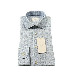 ETON Current Cotton Stretch Slim Fit Blue Paisley Button Front Size 15.5/39 NWT